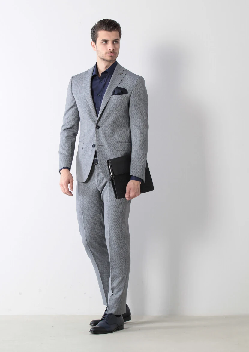 Açık Lacivert Mikro Zeroweight Slim Fit Yün Karışımlı Takım Elbise - 1