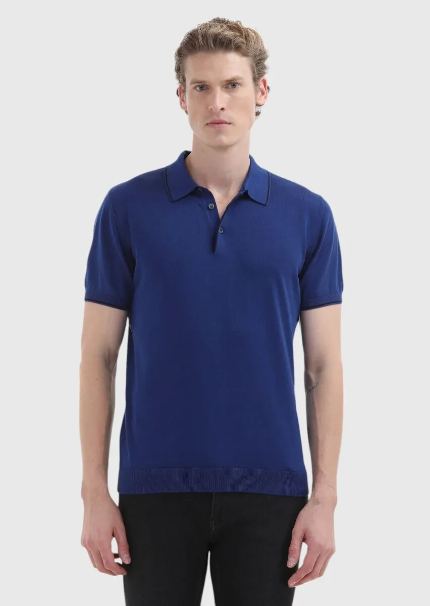 Açık Lacivert Polo Yaka Jakarlı %100 Pamuk Triko - 2