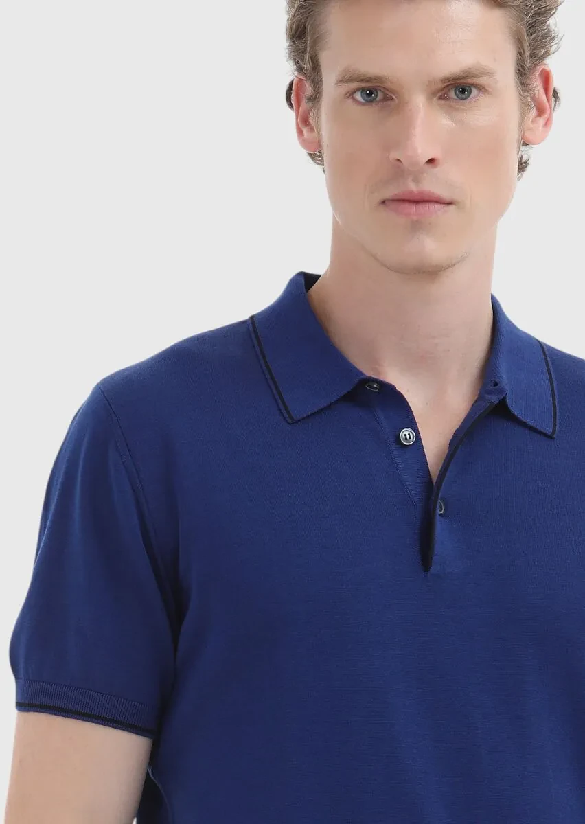 Açık Lacivert Polo Yaka Jakarlı %100 Pamuk Triko - 3