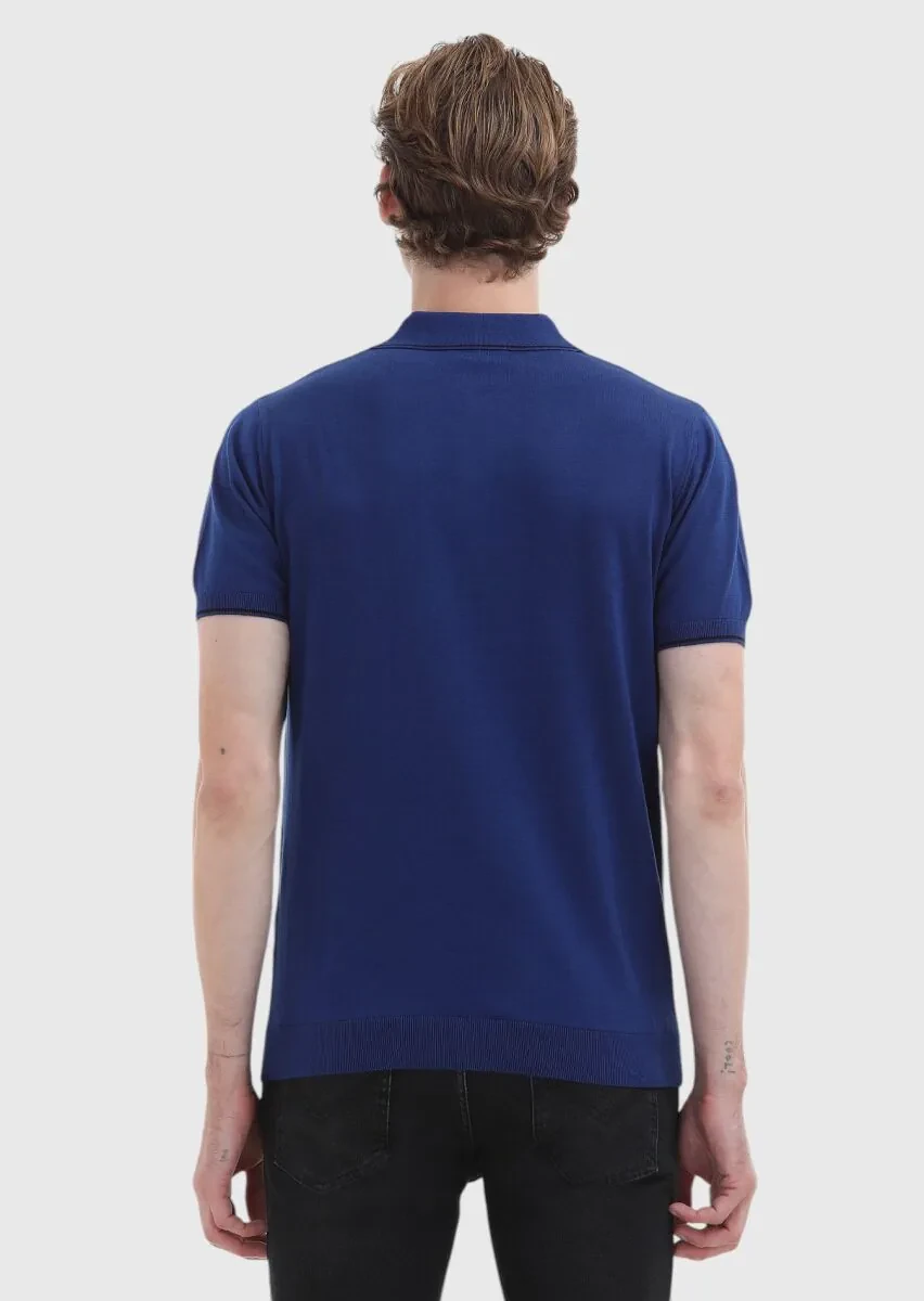 Açık Lacivert Polo Yaka Jakarlı %100 Pamuk Triko - 4