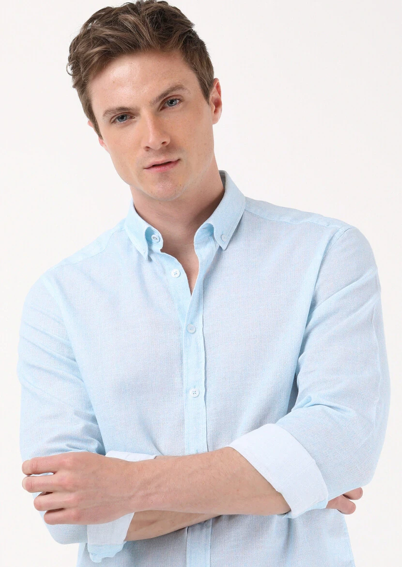 Açık Mavi Baskılı Regular Fit Dokuma Casual Pamuk Karışımlı Gömlek - 1