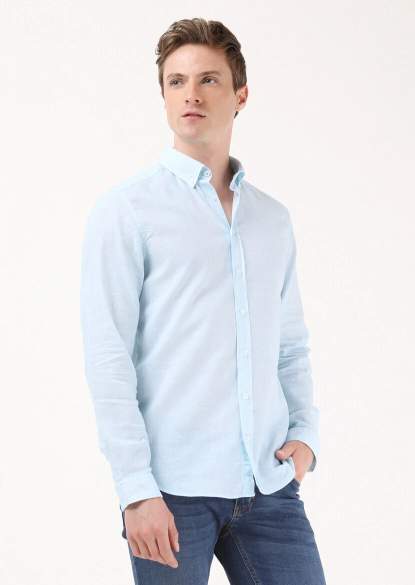 Açık Mavi Baskılı Regular Fit Dokuma Casual Pamuk Karışımlı Gömlek - 2