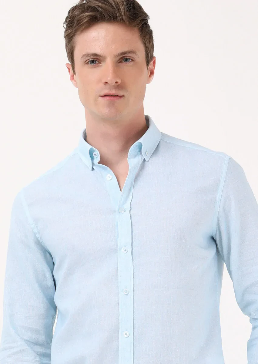 Açık Mavi Baskılı Regular Fit Dokuma Casual Pamuk Karışımlı Gömlek - 3