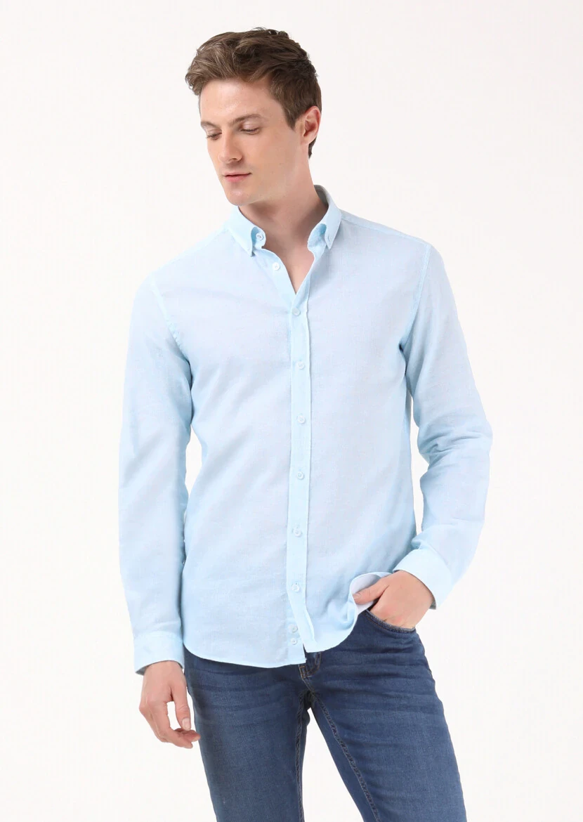 Açık Mavi Baskılı Regular Fit Dokuma Casual Pamuk Karışımlı Gömlek - 4