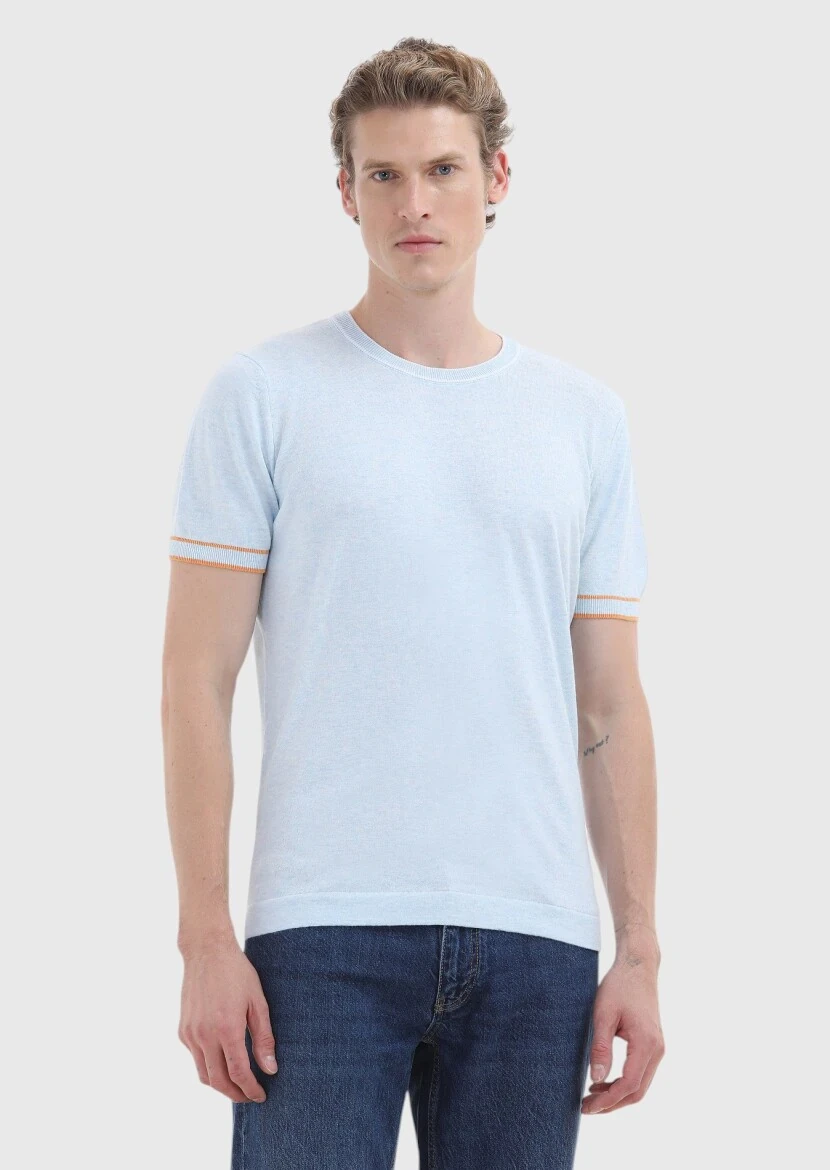 Açık Mavi Bisiklet Yaka Düz Örgü %100 Pamuk Triko 