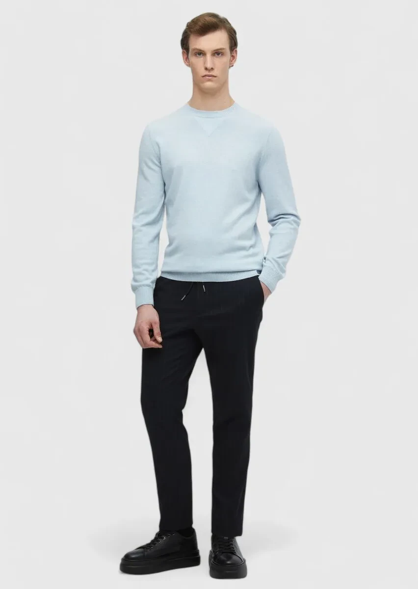 Açık Mavi Bisiklet Yaka Düz Örgü Yün Karışımlı Triko Kazak - 2