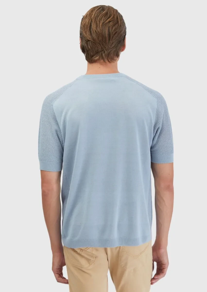 Açık Mavi Bisiklet Yaka Jakarlı Keten Karışımlı Triko - 7