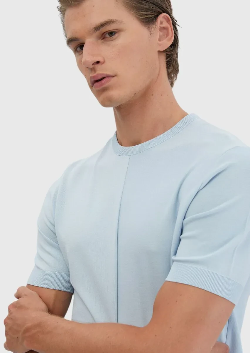 Açık Mavi Bisiklet Yaka Jakarlı Triko - 3