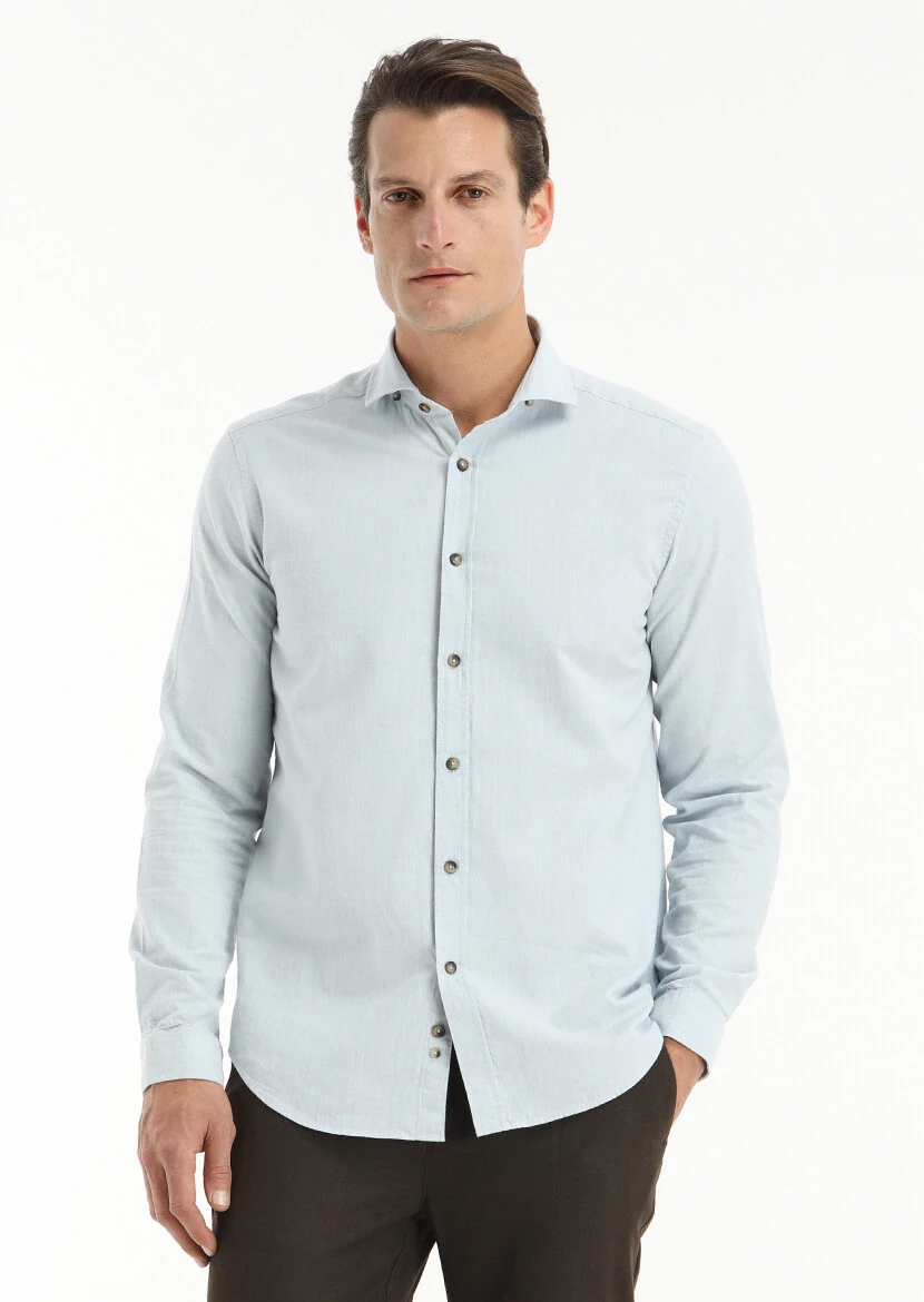 Açık Mavi Çizgili Regular Fit Dokuma Casual %100 Pamuk Gömlek 