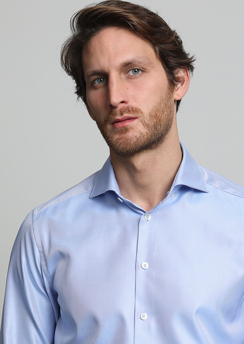 Açık Mavi Çizgili Regular Fit Dokuma Klasik %100 Pamuk Gömlek - 1