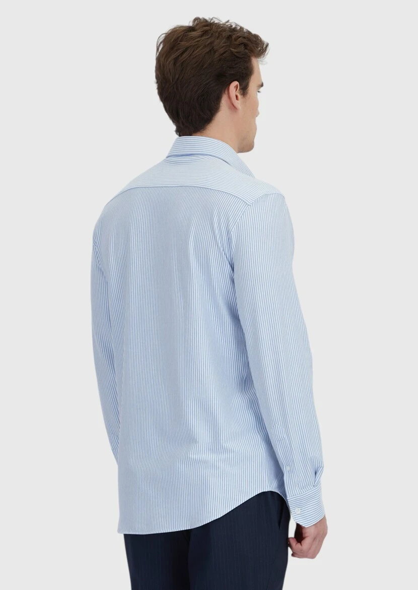 Açık Mavi Çizgili Regular Fit Klasik Pamuk Karışımlı Gömlek - 5