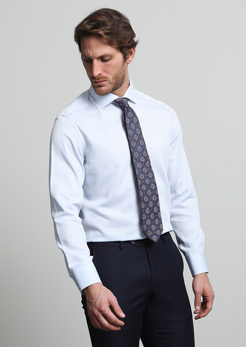 Açık Mavi Desenli Regular Fit Dokuma Klasik %100 Pamuk Gömlek - 1