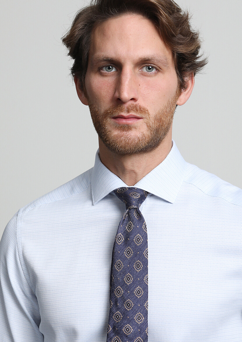 Açık Mavi Desenli Regular Fit Dokuma Klasik %100 Pamuk Gömlek - 2