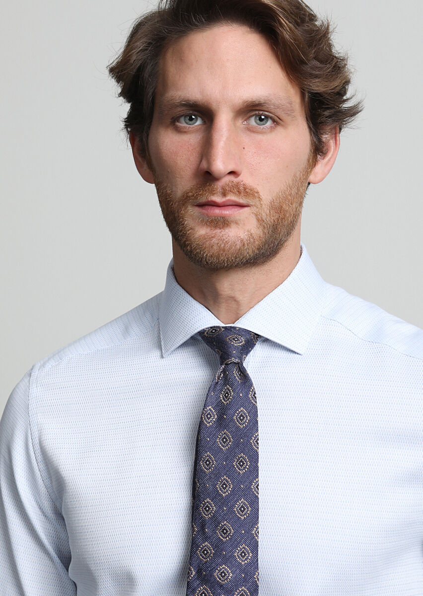 Açık Mavi Desenli Regular Fit Dokuma Klasik %100 Pamuk Gömlek - 2