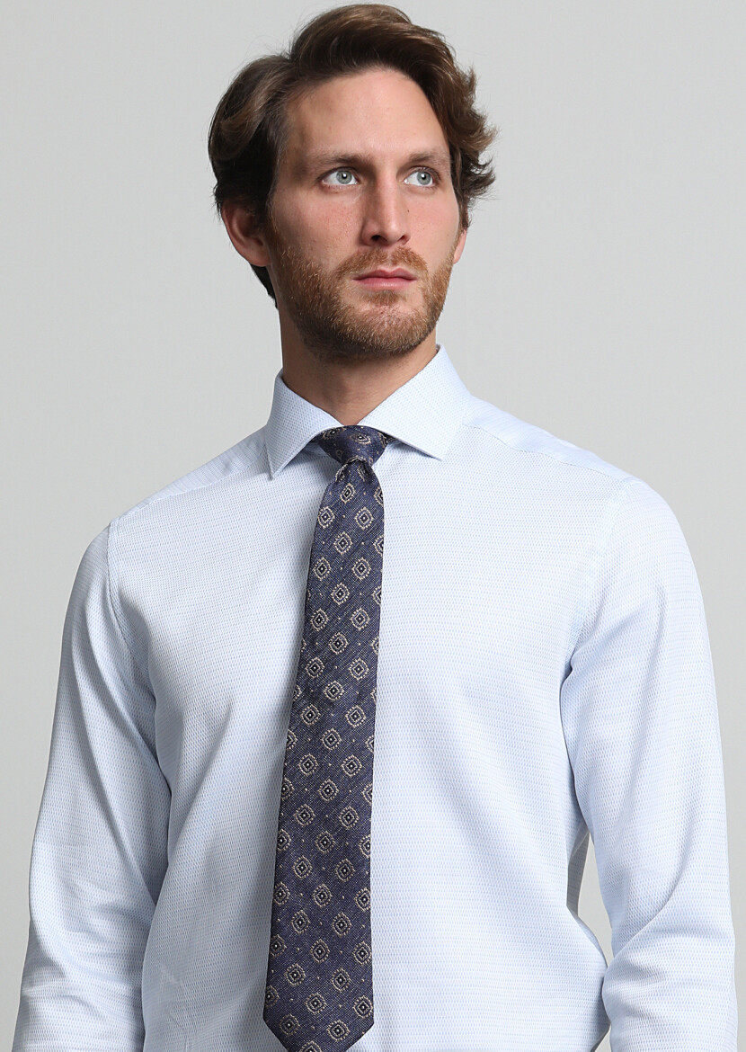 Açık Mavi Desenli Regular Fit Dokuma Klasik %100 Pamuk Gömlek - 3
