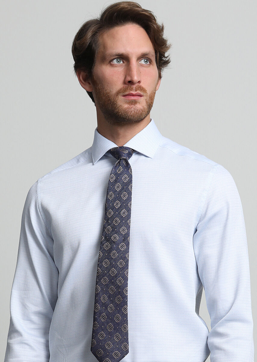 Açık Mavi Desenli Regular Fit Dokuma Klasik %100 Pamuk Gömlek - 3