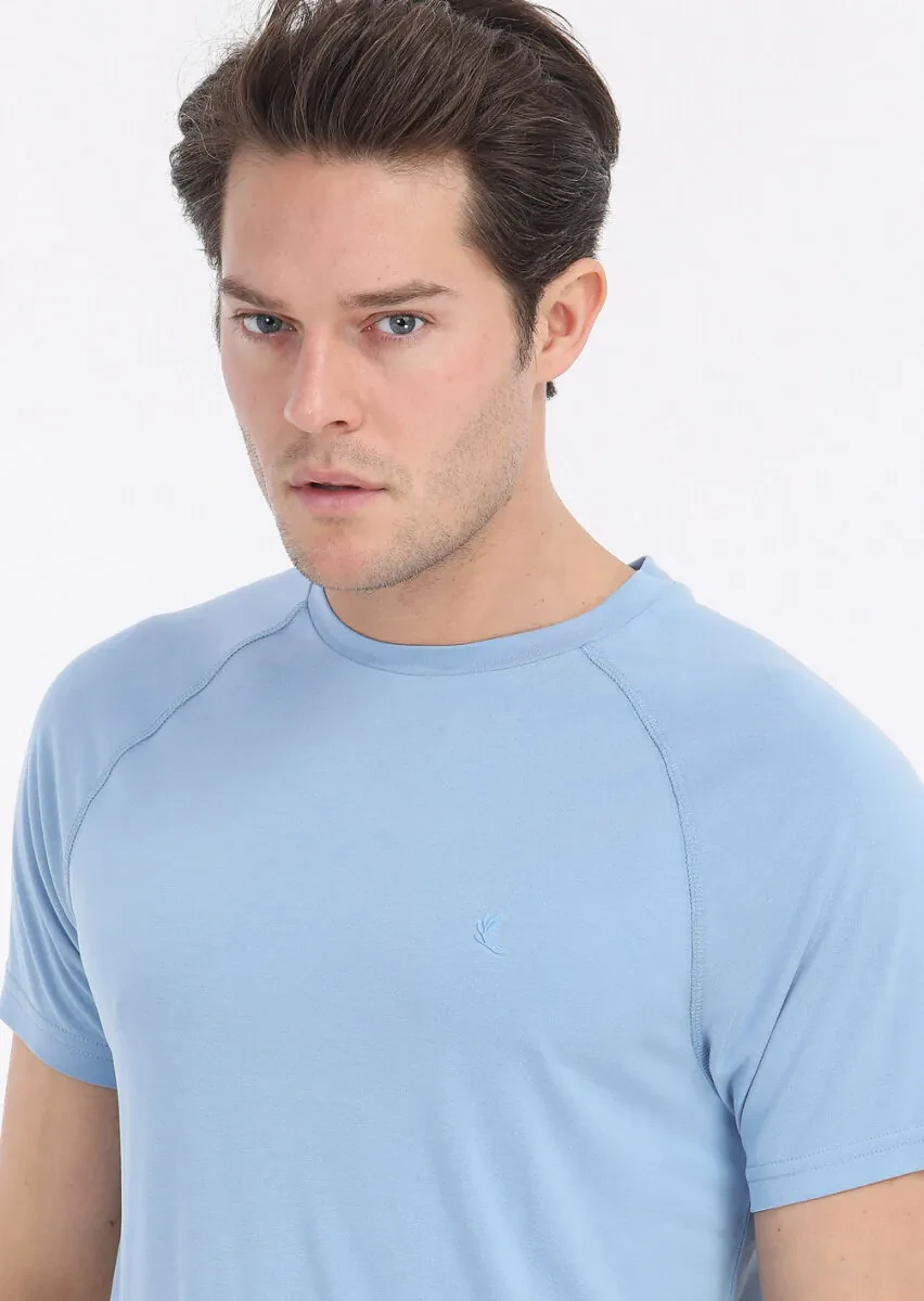 Açık Mavi Düz Bisiklet Yaka T-Shirt - 5