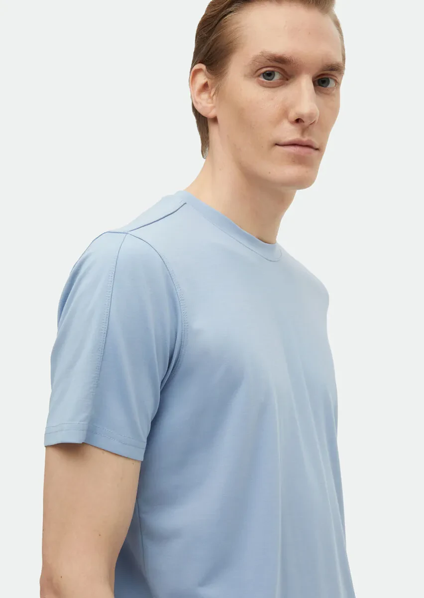 Açık Mavi Düz Bisiklet Yaka T-Shirt - 3