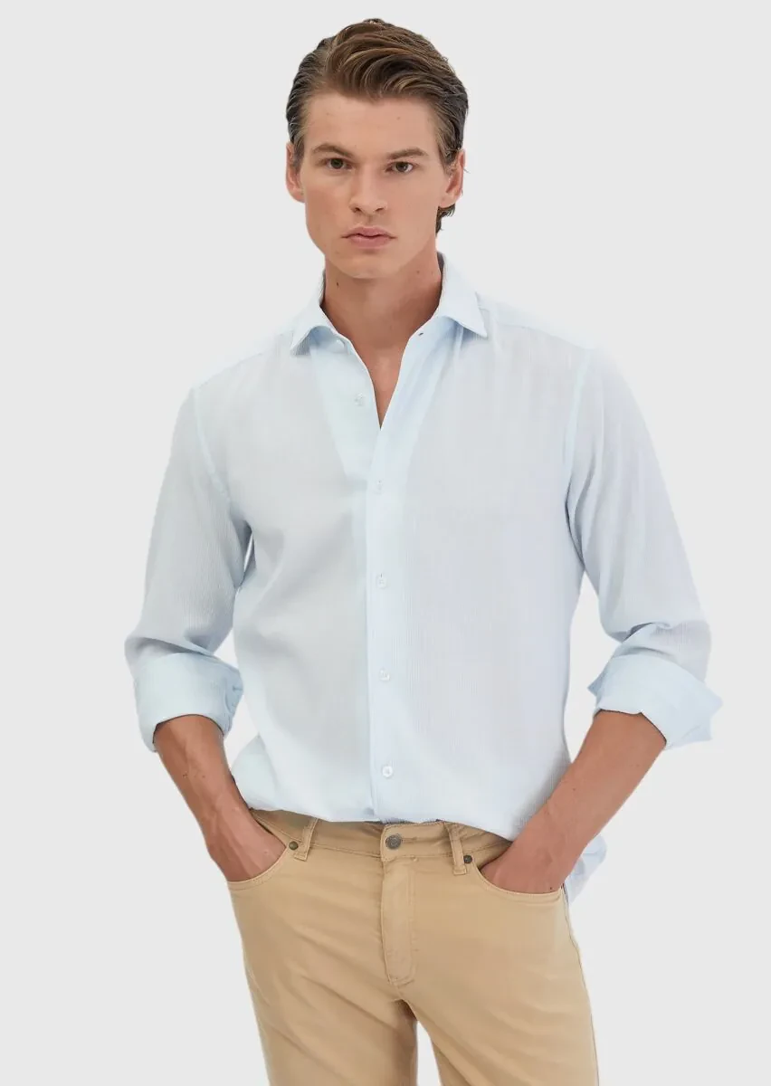Açık Mavi Düz Casual Fit Dokuma Casual %100 Pamuk Gömlek - 1