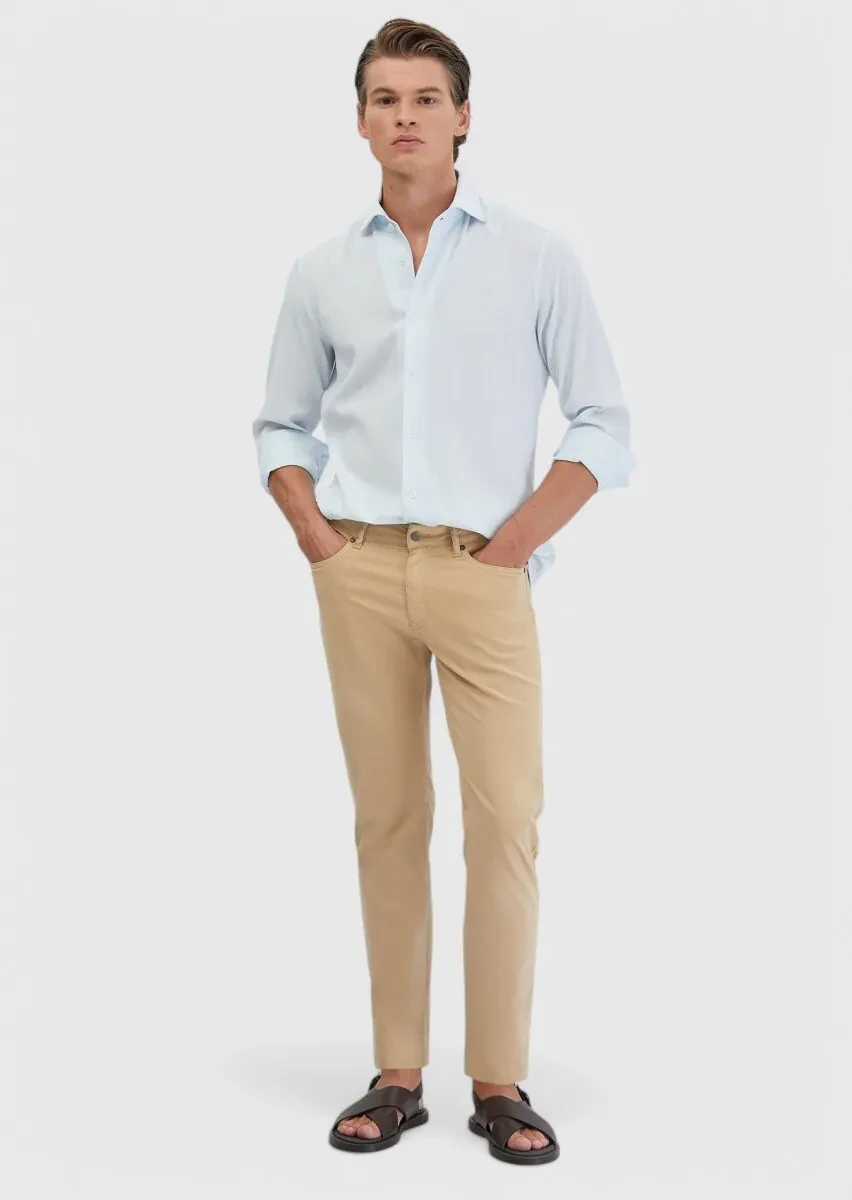 Açık Mavi Düz Casual Fit Dokuma Casual %100 Pamuk Gömlek - 2