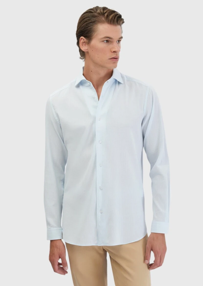 Açık Mavi Düz Casual Fit Dokuma Casual %100 Pamuk Gömlek - 3
