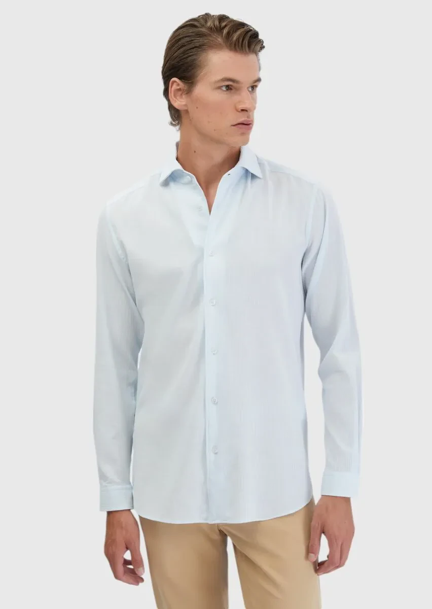 Açık Mavi Düz Casual Fit Dokuma Casual %100 Pamuk Gömlek - 3