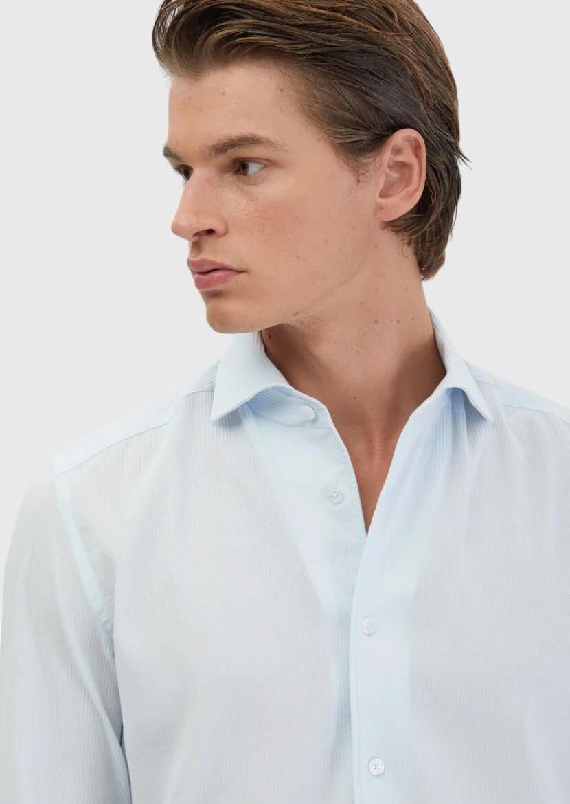 Açık Mavi Düz Casual Fit Dokuma Casual %100 Pamuk Gömlek - 4