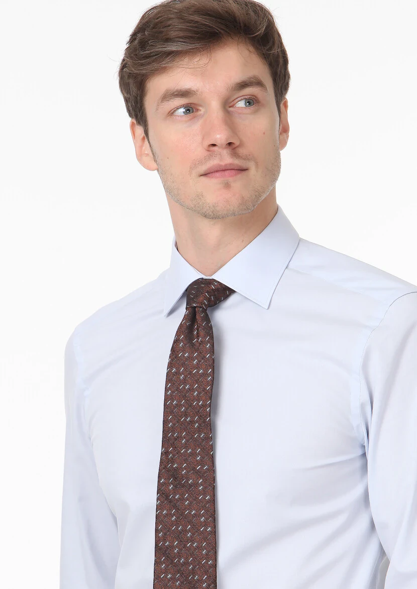 Açık Mavi Düz Fitted Fit Dokuma Klasik Pamuk Karışımlı Gömlek 