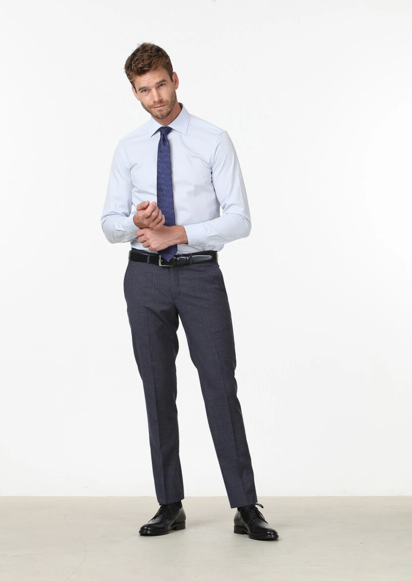 Açık Mavi Düz Fitted Fit Dokuma Klasik Pamuk Karışımlı Gömlek 