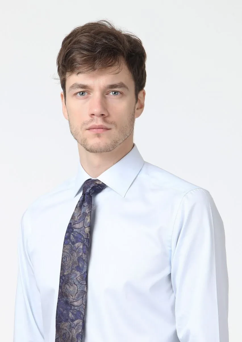 Açık Mavi Düz Regular Fit Dokuma Klasik %100 Pamuk Gömlek - 1