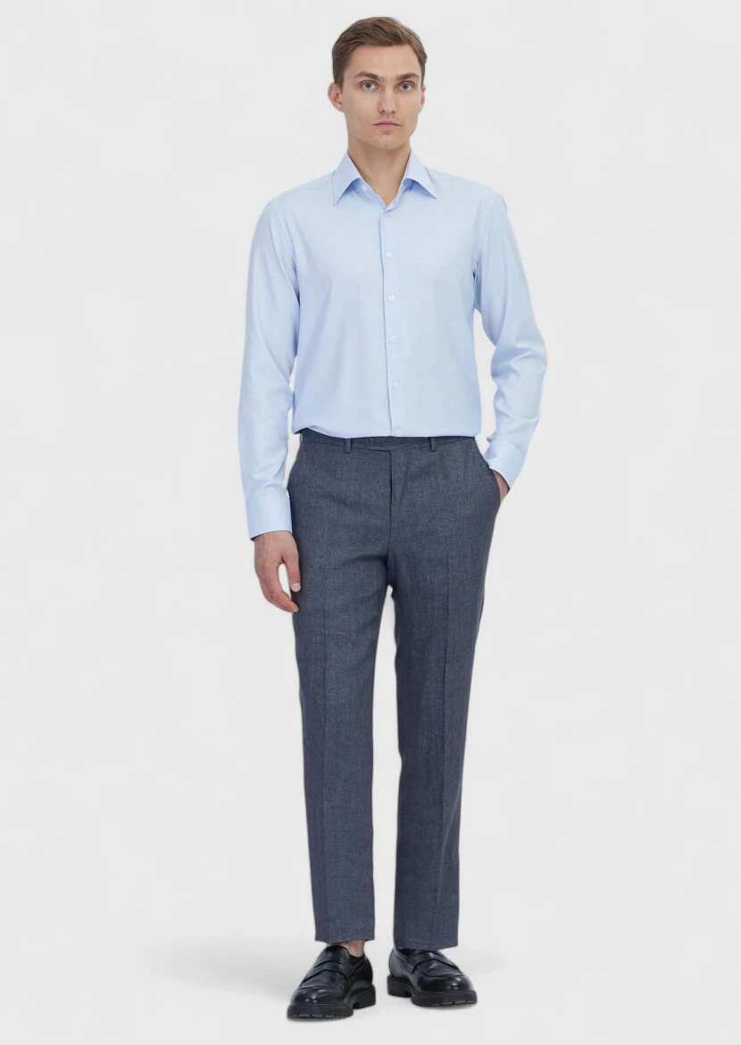 Açık Mavi Düz Regular Fit Dokuma Klasik %100 Pamuk Gömlek - 1