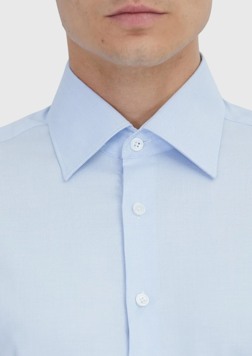 Açık Mavi Düz Regular Fit Dokuma Klasik %100 Pamuk Gömlek - 4