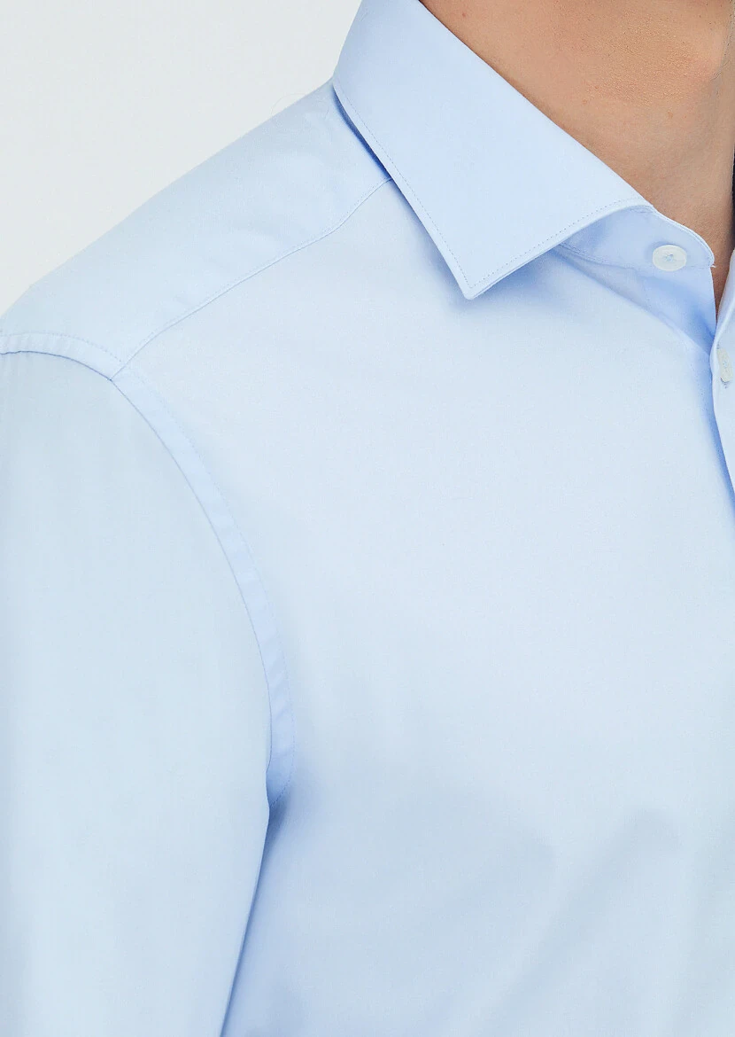 Açık Mavi Düz Regular Fit Dokuma Klasik %100 Pamuk Gömlek - 3