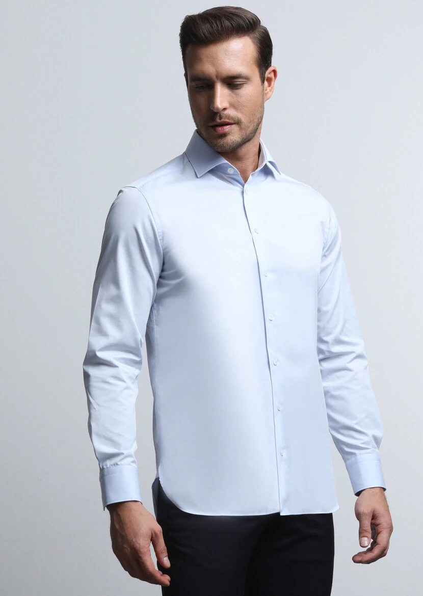 Açık Mavi Düz Regular Fit Dokuma Klasik Pamuk Karışımlı Gömlek - 3