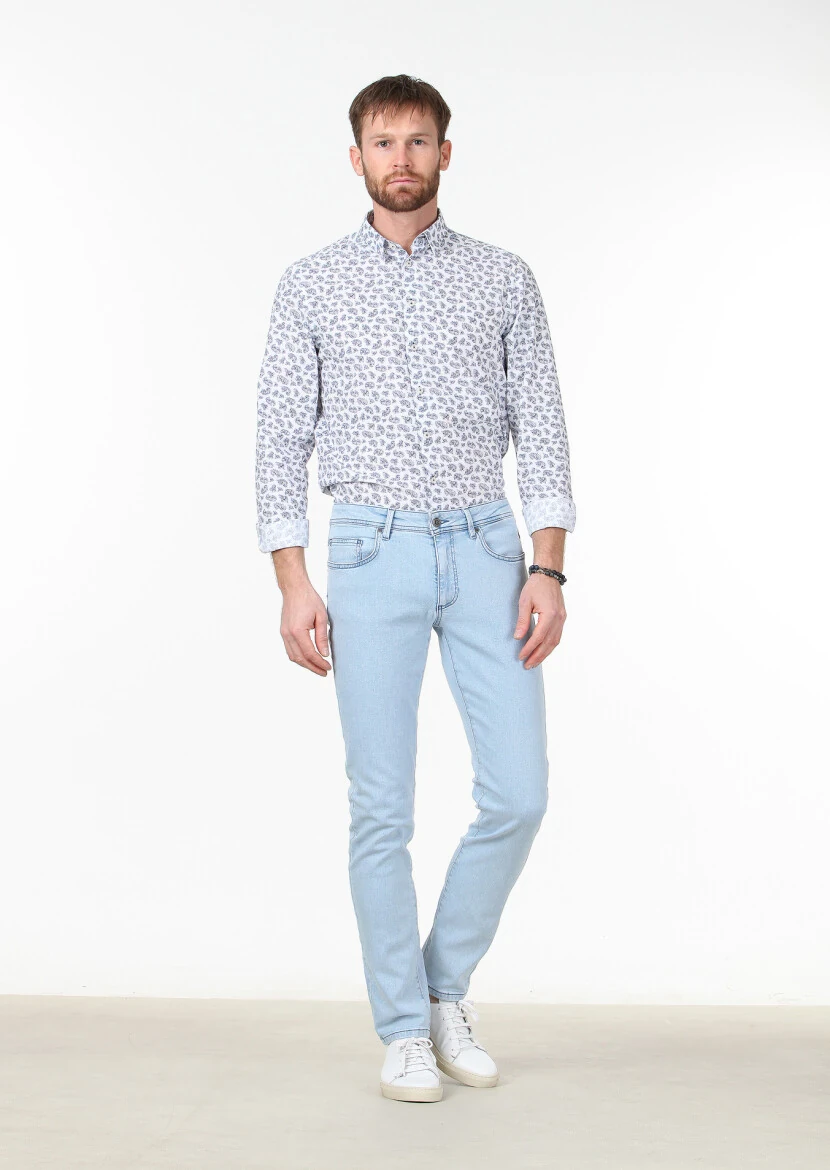 Açık Mavi Düz Slim Fit Denim Pamuk Karışımlı Pantolon - 1