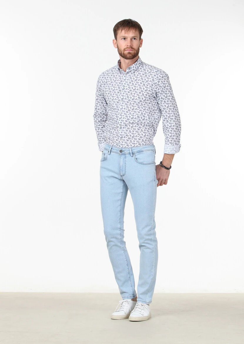 Açık Mavi Düz Slim Fit Denim Pamuk Karışımlı Pantolon - 2