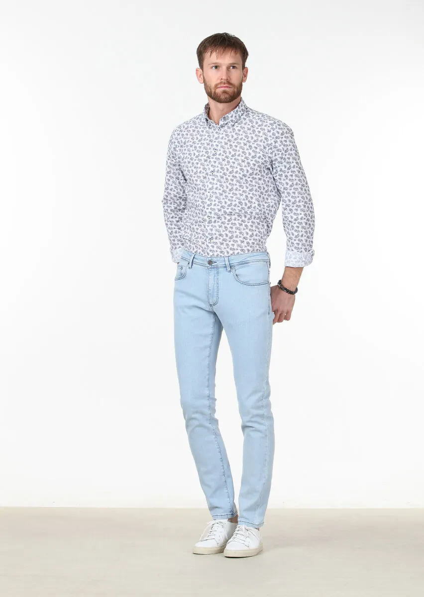 Açık Mavi Düz Slim Fit Denim Pamuk Karışımlı Pantolon - 2