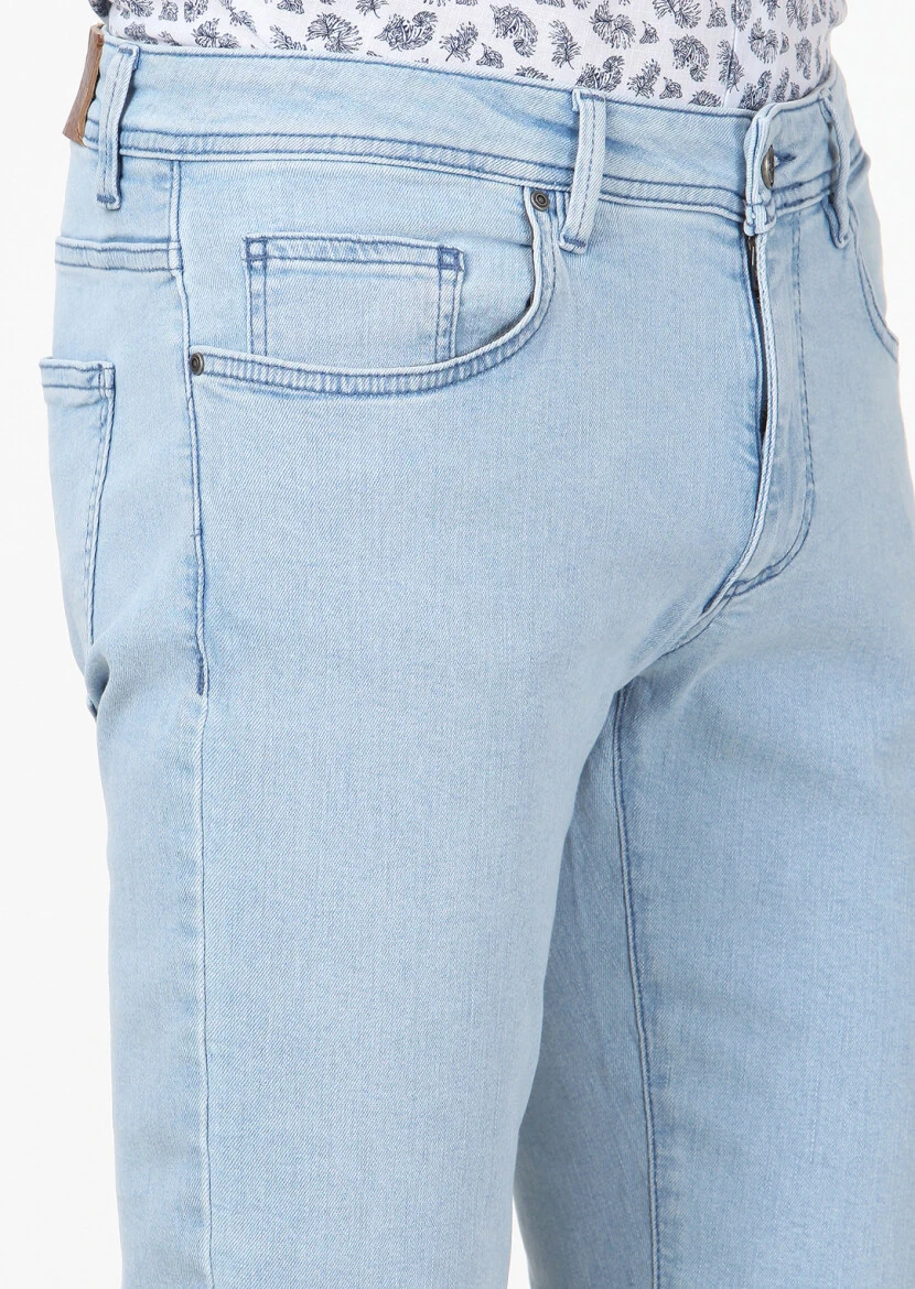 Açık Mavi Düz Slim Fit Denim Pamuk Karışımlı Pantolon - 3