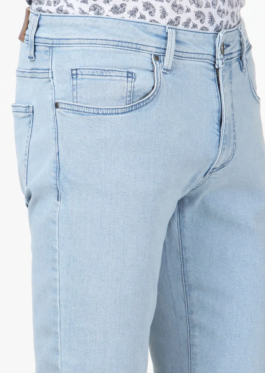 Açık Mavi Düz Slim Fit Denim Pamuk Karışımlı Pantolon - 3