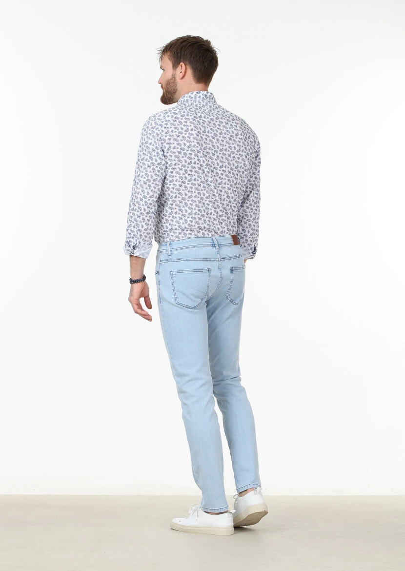 Açık Mavi Düz Slim Fit Denim Pamuk Karışımlı Pantolon - 4