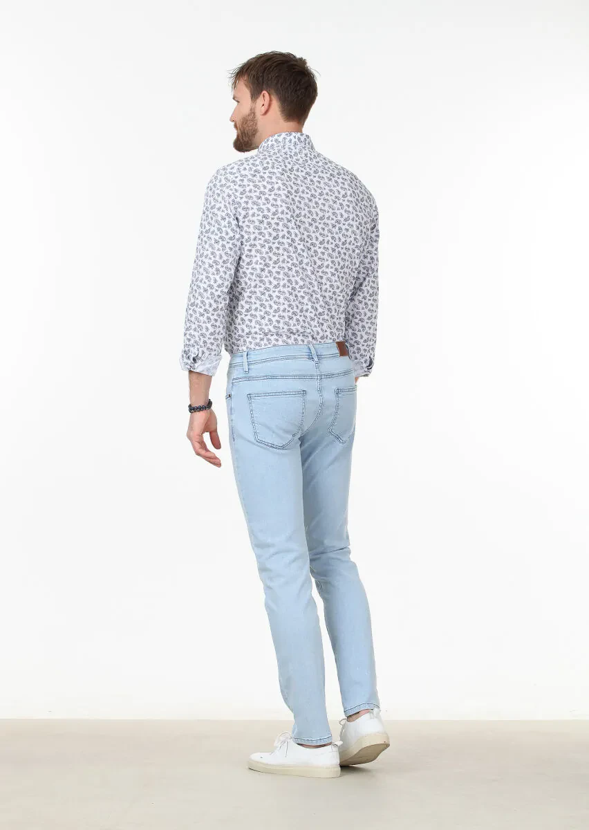 Açık Mavi Düz Slim Fit Denim Pamuk Karışımlı Pantolon - 4