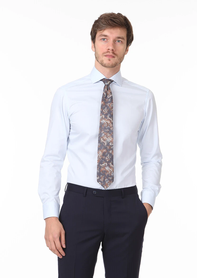 Açık Mavi Düz Slim Fit Dokuma Klasik %100 Pamuk Gömlek - 1