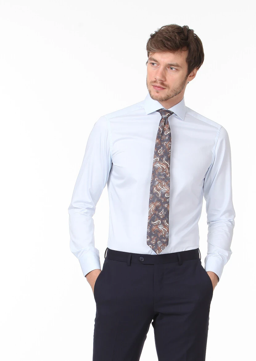 Açık Mavi Düz Slim Fit Dokuma Klasik %100 Pamuk Gömlek - 3