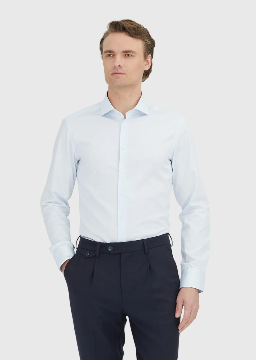 Açık Mavi Düz Slim Fit Dokuma Klasik %100 Pamuk Gömlek - 1