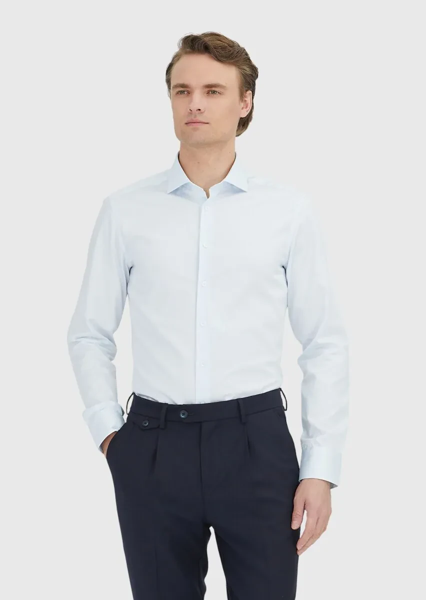 Açık Mavi Düz Slim Fit Dokuma Klasik %100 Pamuk Gömlek - 1