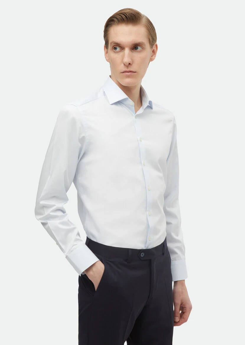 Açık Mavi Düz Slim Fit Dokuma Klasik %100 Pamuk Gömlek - RAMSEY