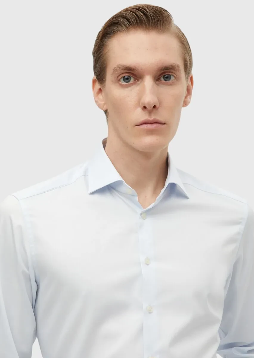 Açık Mavi Düz Slim Fit Dokuma Klasik %100 Pamuk Gömlek - 3