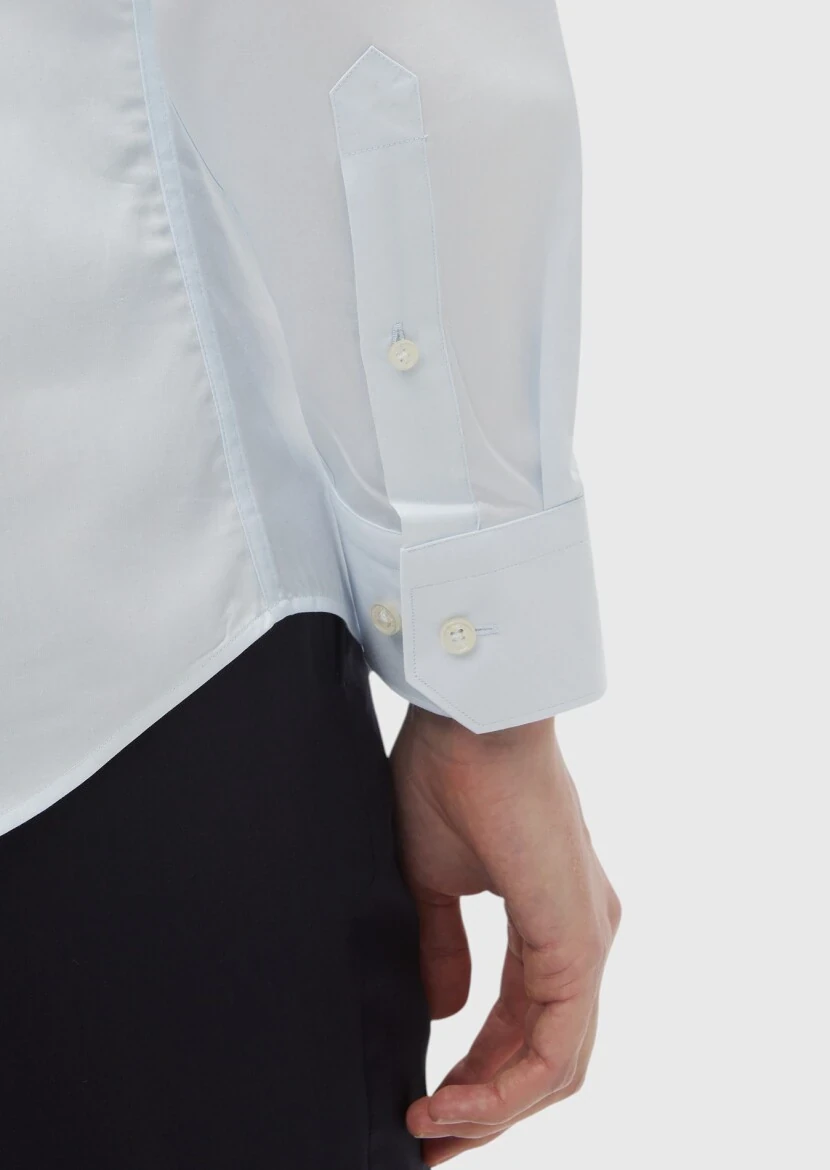 Açık Mavi Düz Slim Fit Dokuma Klasik %100 Pamuk Gömlek - 4