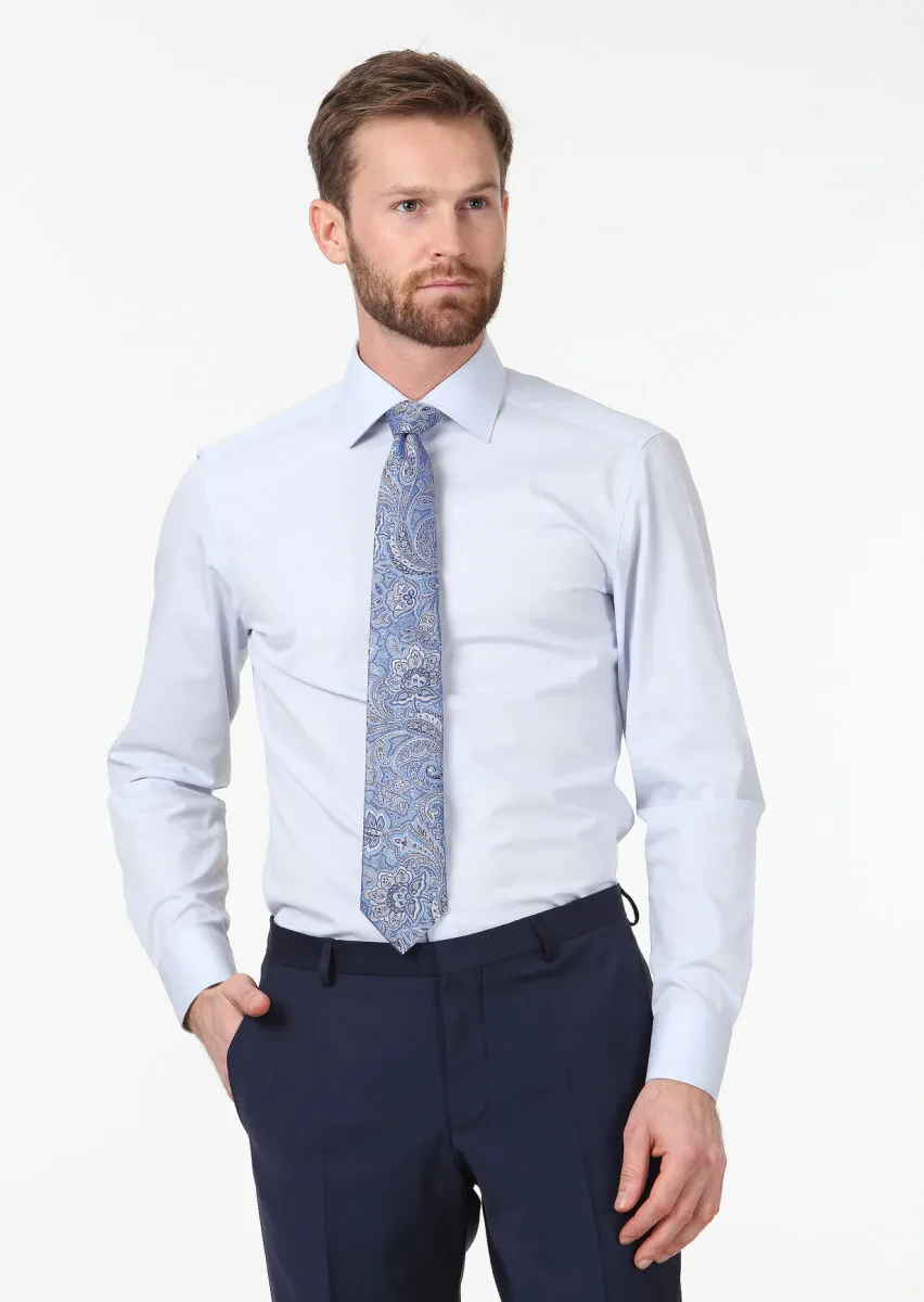Açık Mavi Düz Slim Fit Dokuma Klasik Pamuk Karışımlı Gömlek - 1