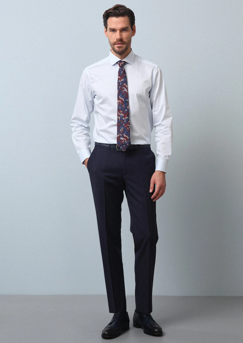 Açık Mavi Düz Slim Fit Dokuma Klasik Pamuk Karışımlı Gömlek - 3